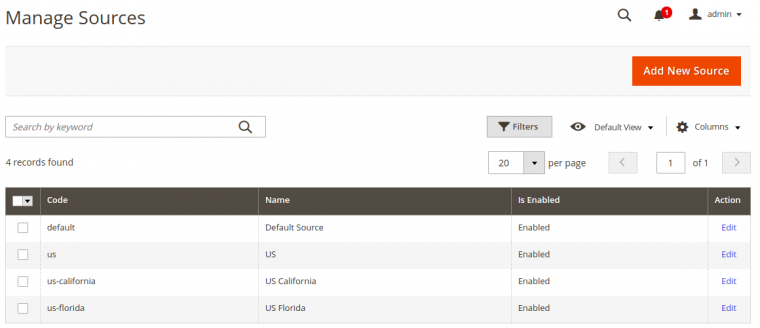 Screenshot of magento 2 inventory sources admin list